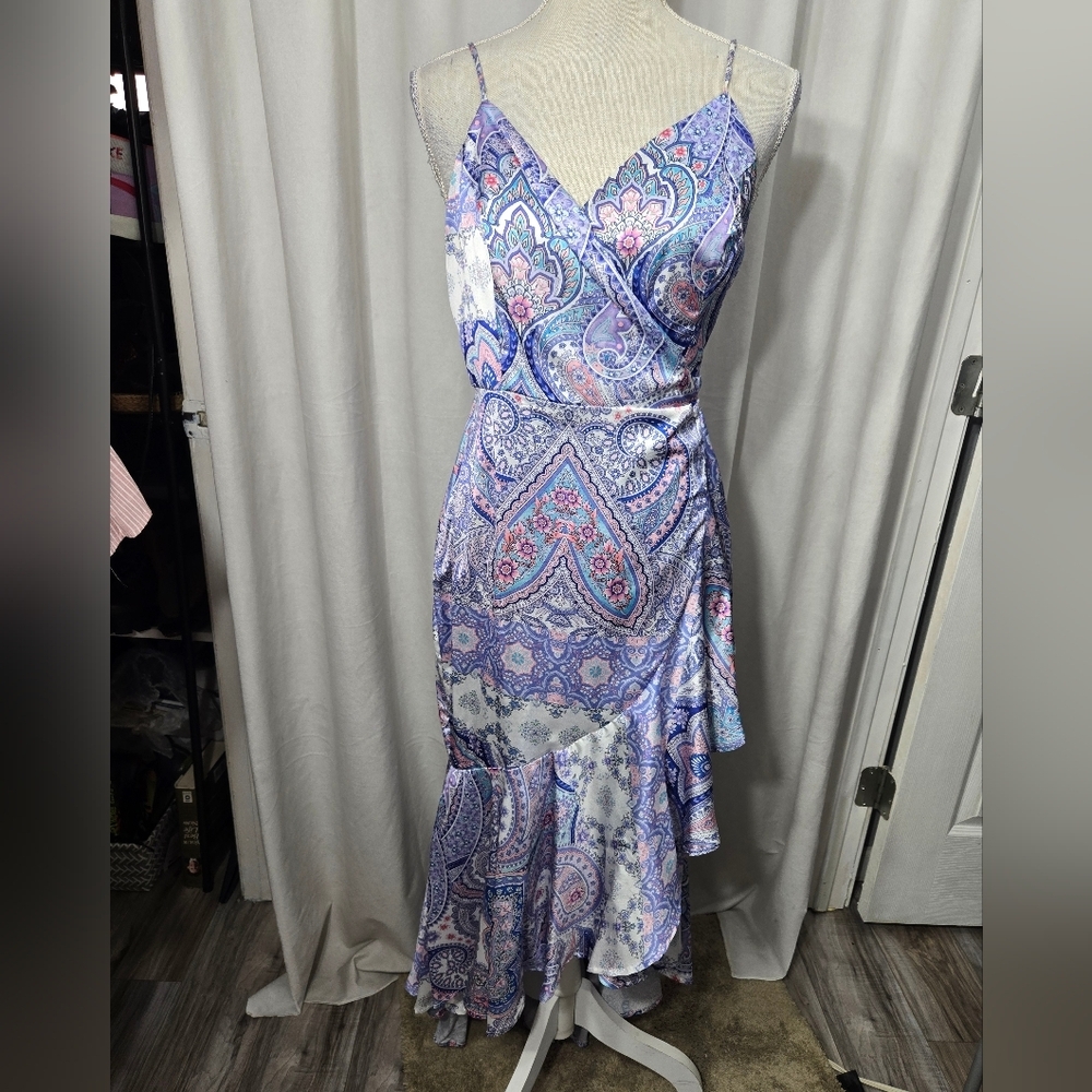 A Peach Paisley Satin Wrap Dress Sz M High Low Dress